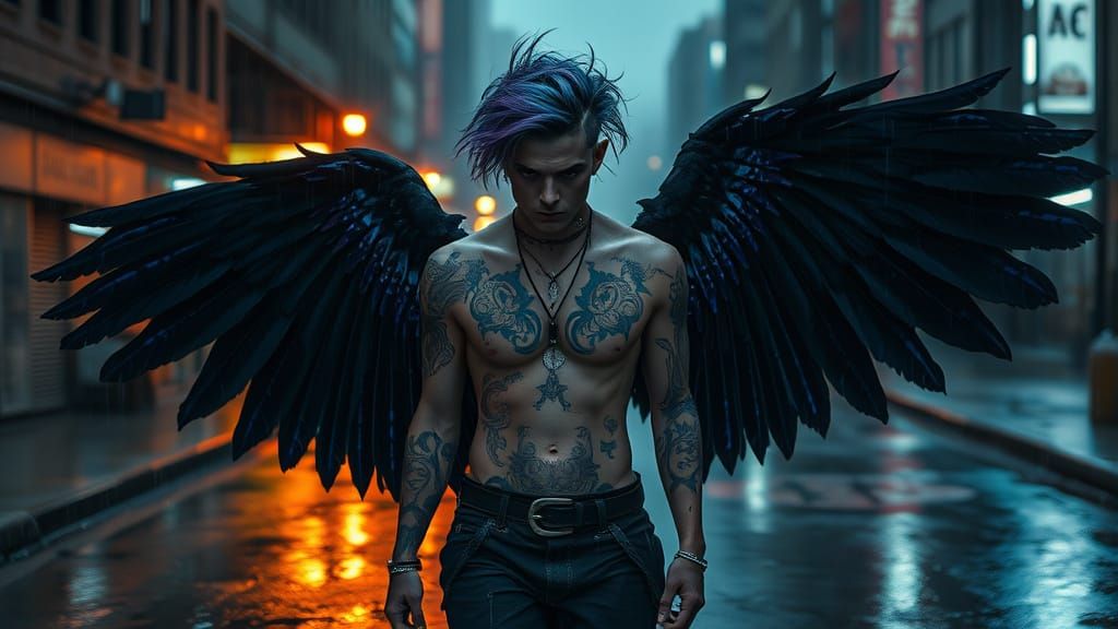 Androgynous Angel in Rain-Soaked Cyberpunk Cityscape