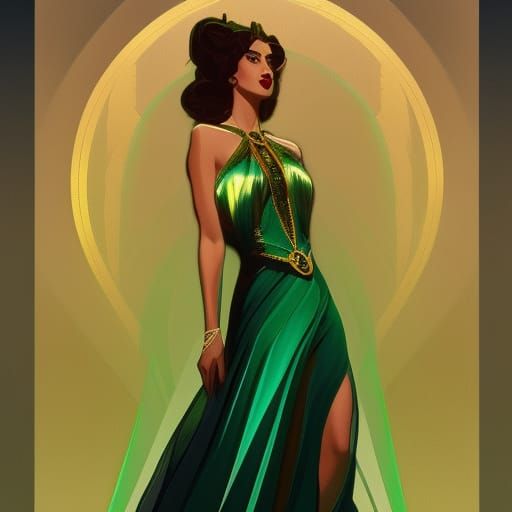 Emerald and Gold Art Deco Dress, Digital Art