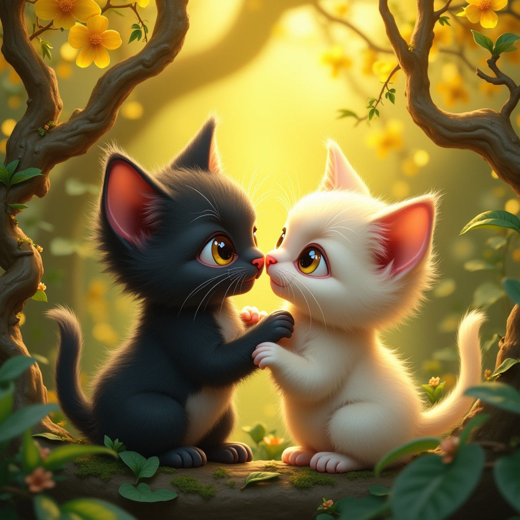 2 Vibrant, cute big eyes kittens, 1 cat has dark fur, the other cat has light fur amidst lush fantastical foliage, posed...