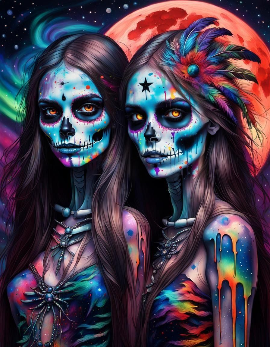 Neon Skeleton Women Under Blood Moon, Graffiti Art