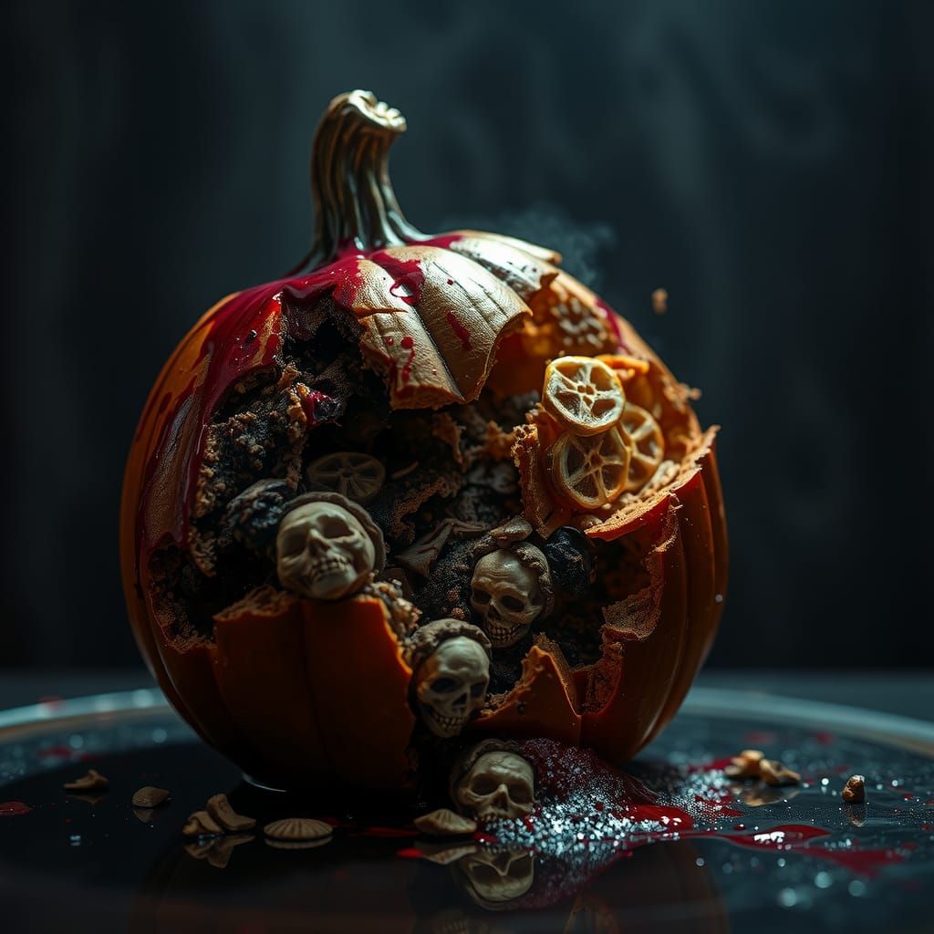 Decaying Pumpkin Dessert in Dark Fantasy Gothic Style