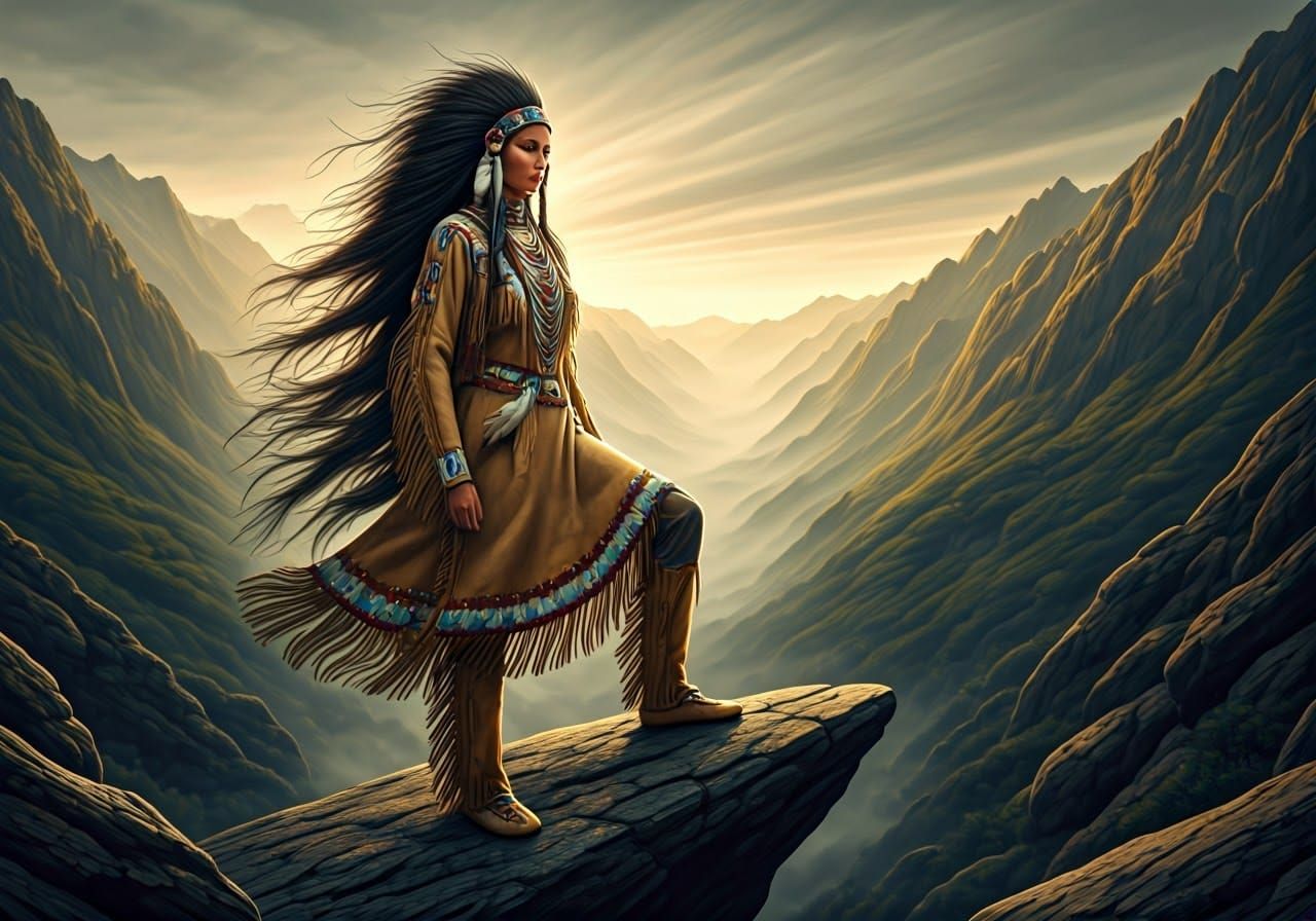 Native American Maiden on Rocky Outcrop at Dawn