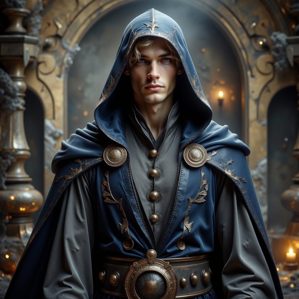 Hooded Man in Dystopian Sorcerer's Workshop