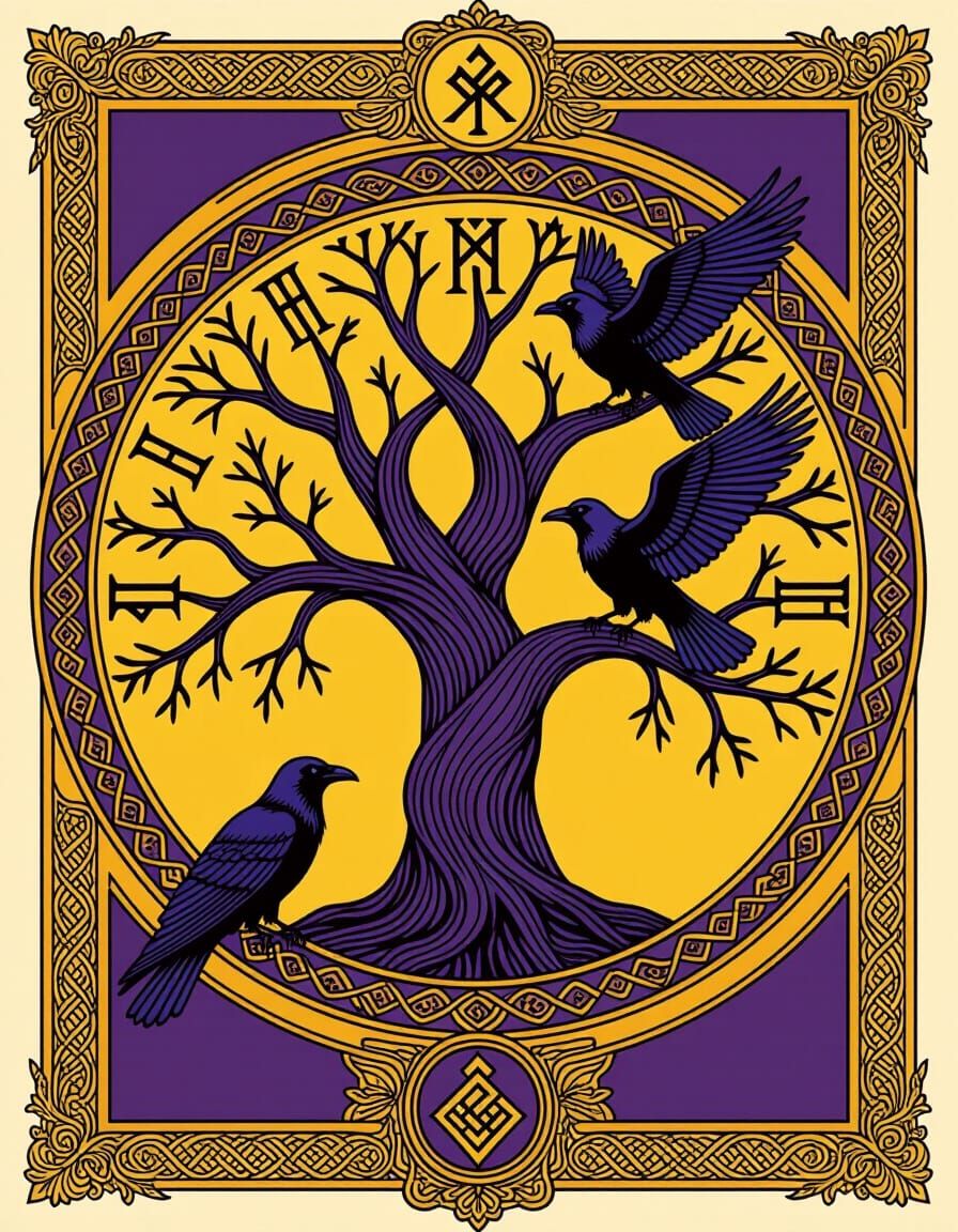 Norse Yggdrasil Tree with Ravens in Dark Fantasy Style