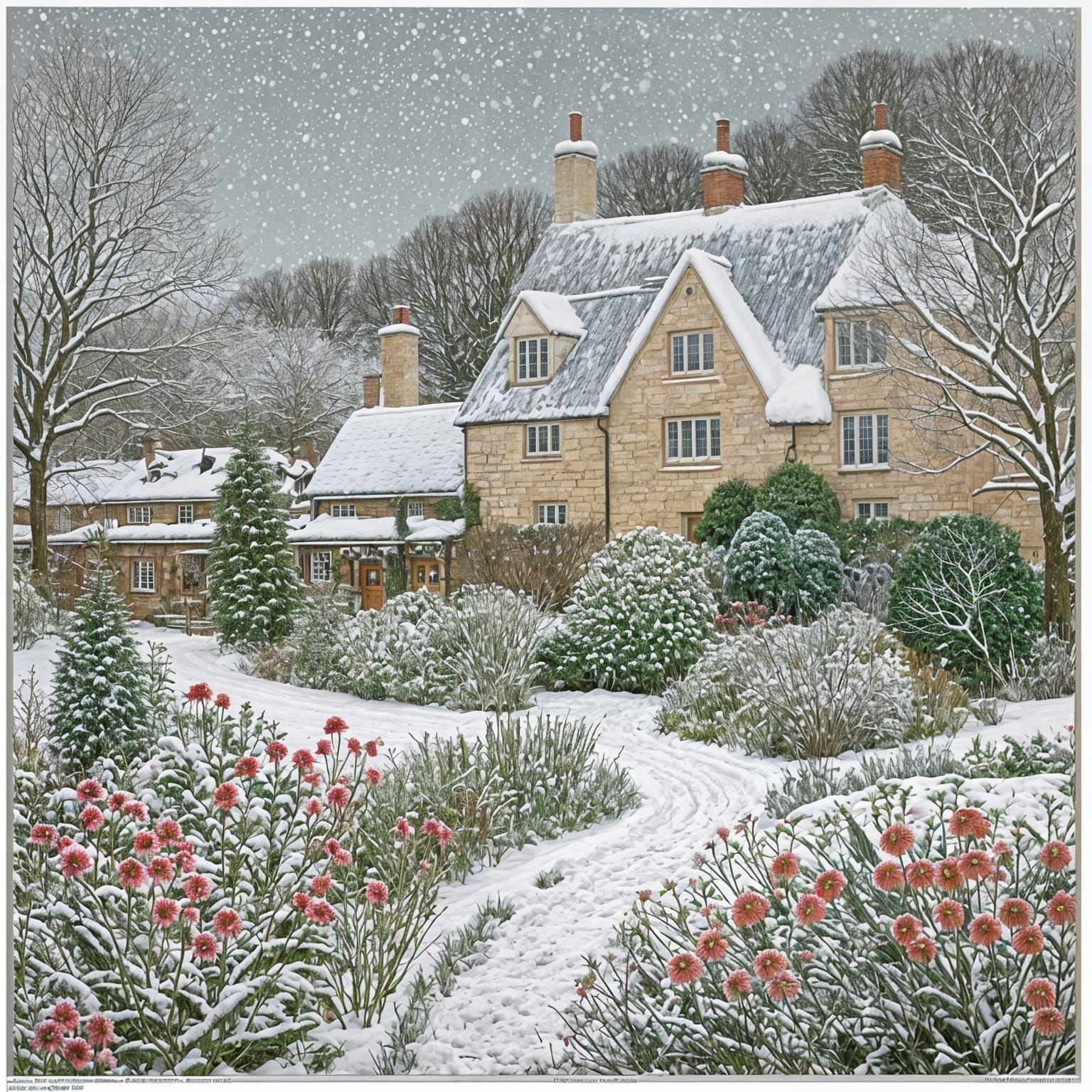 Winter Cotswold Cottage Garden in Folk Art Style