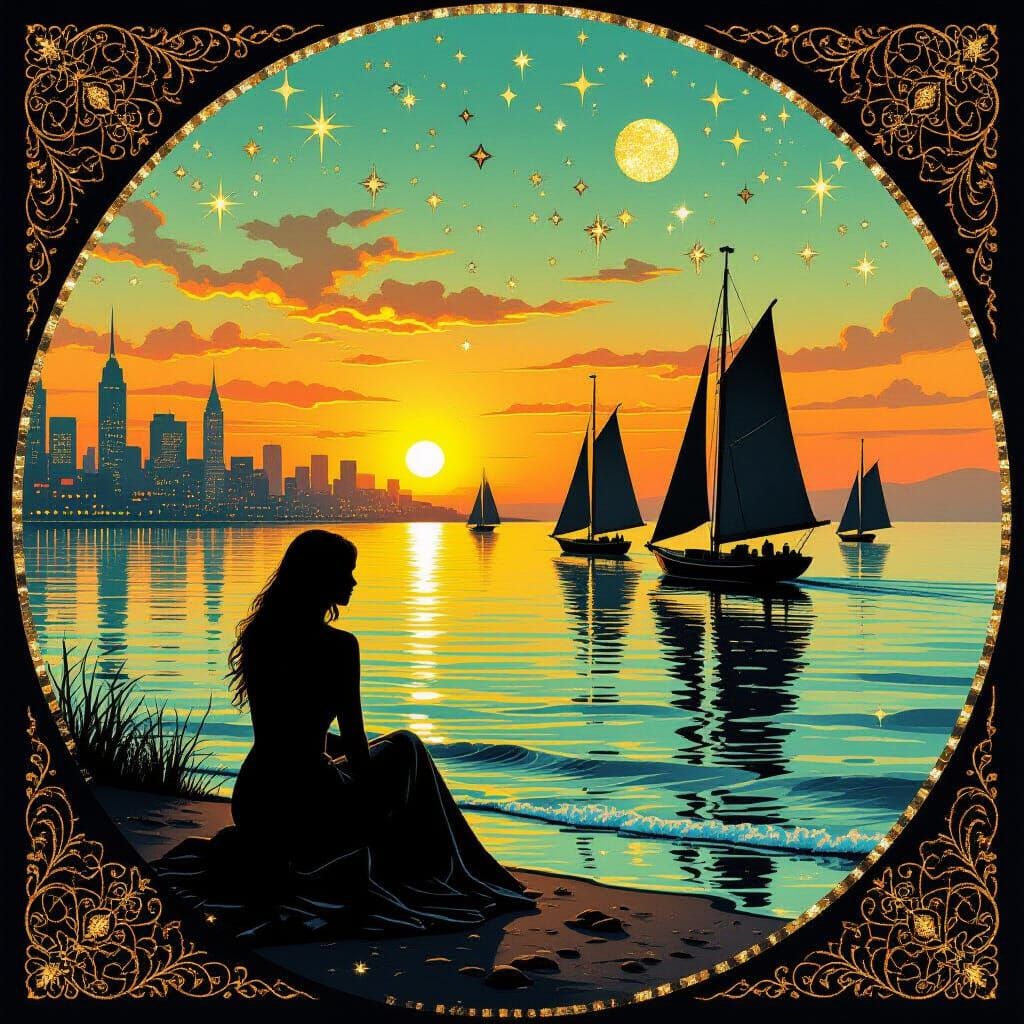 Surreal Cityscape with Sailboats in Klimt-Bosch Style