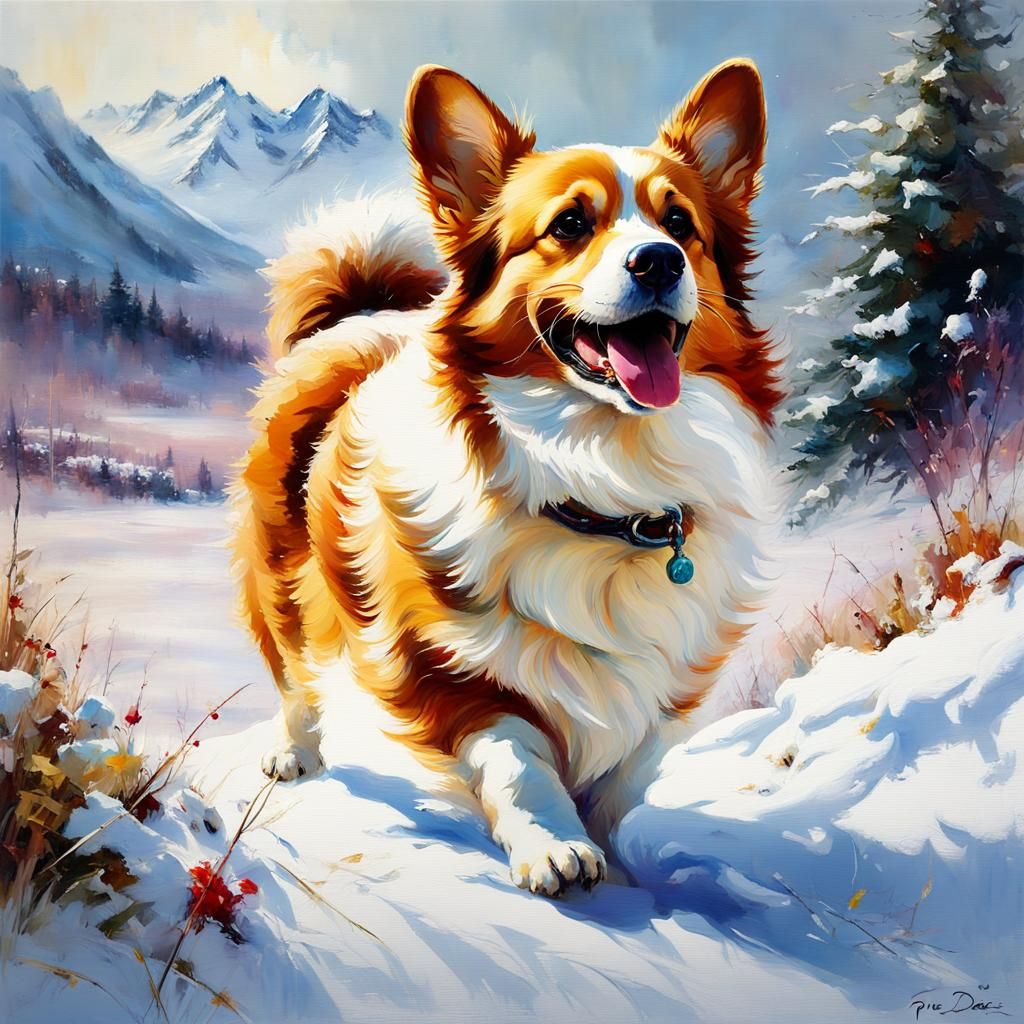 Cute Corgi in Winter Landscape: Oil Painting