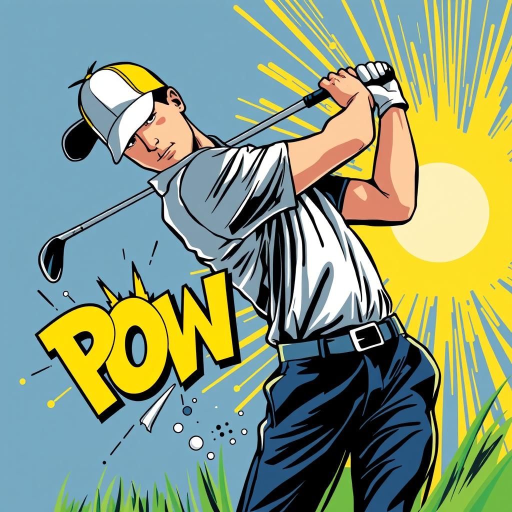 Dynamic Golfer Illustration with Onomatopoeia in Comic Style