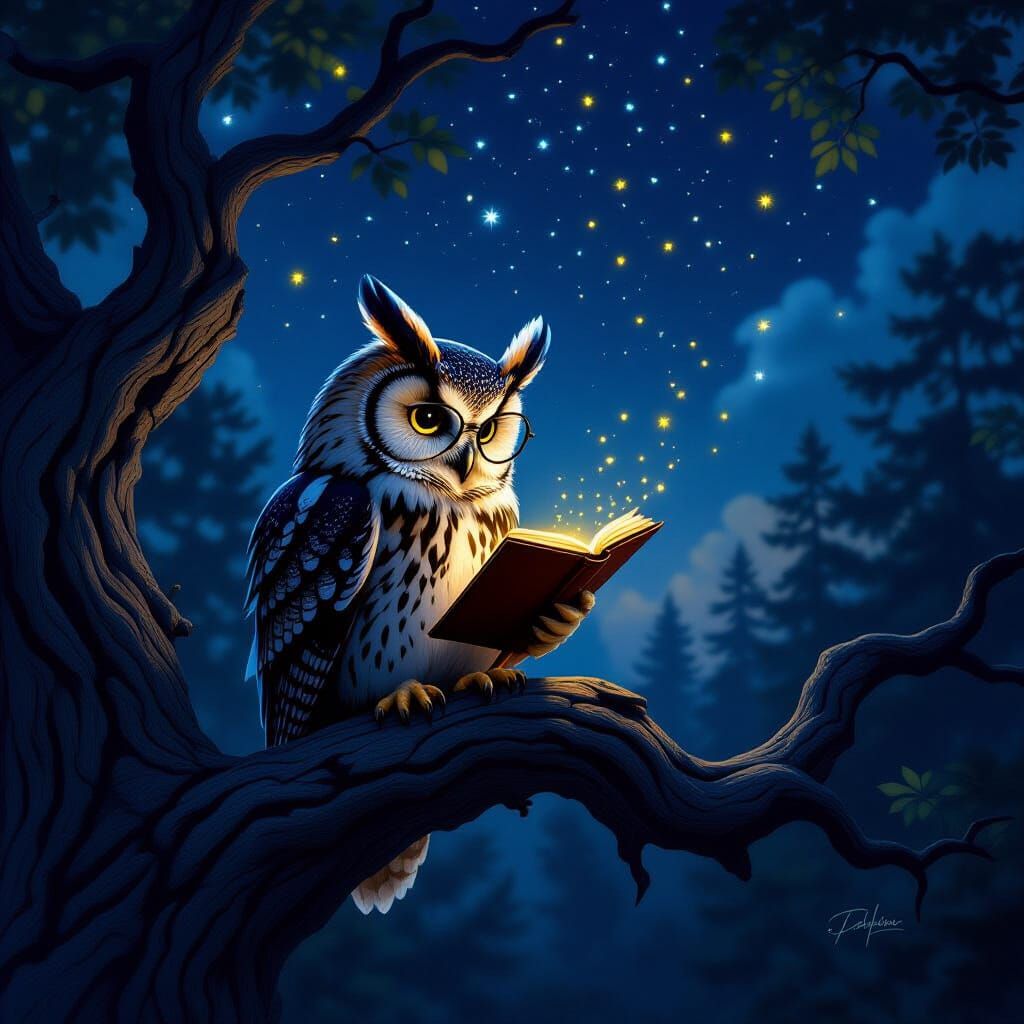 Wise Owl Writes Poetry Under Starry Night Sky
