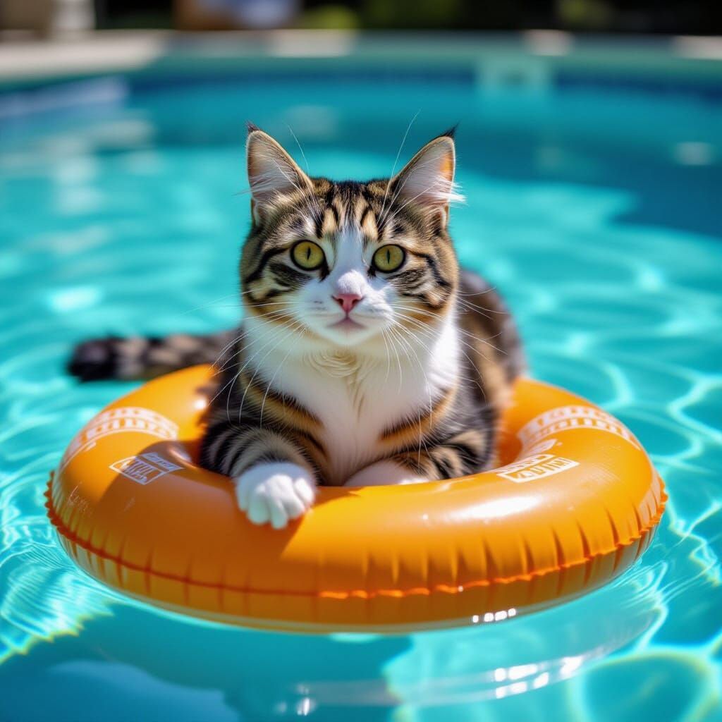 Kitten and Pool Float in Swimming Pool