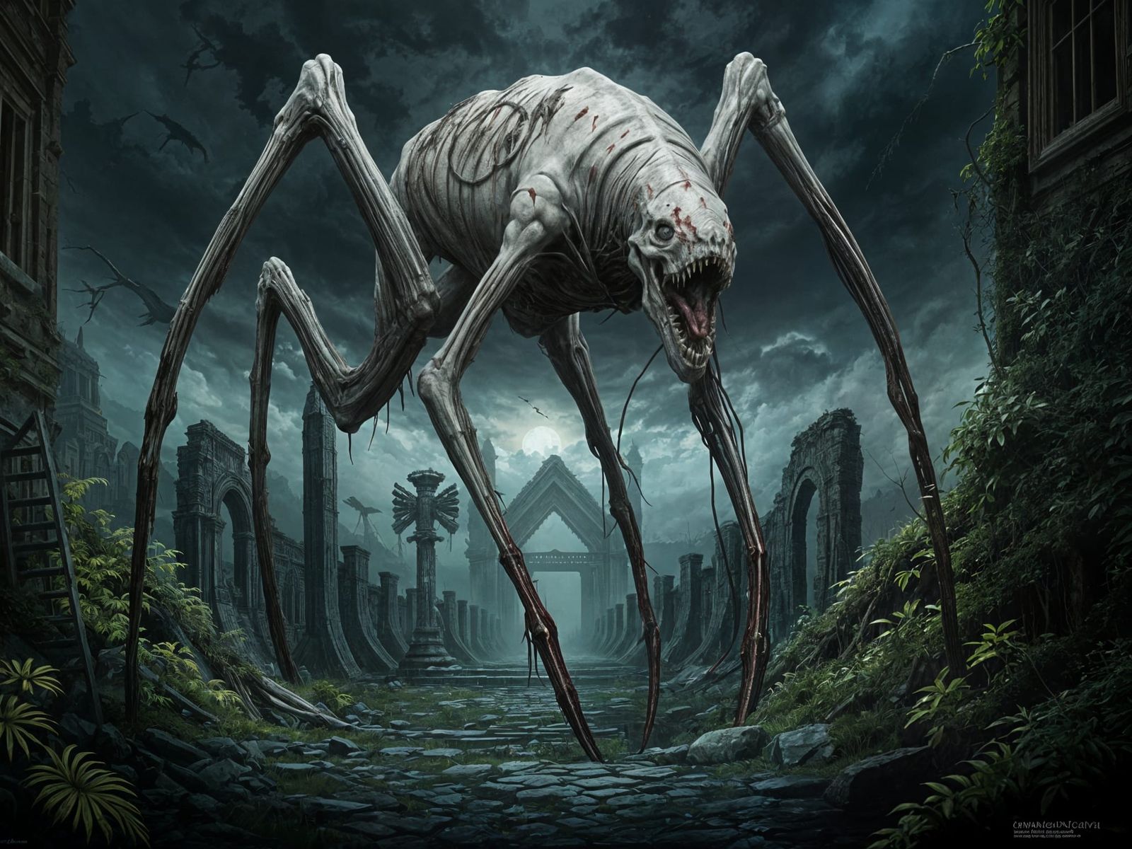 Cyberpunk Horror Beast in Ancient Ruins