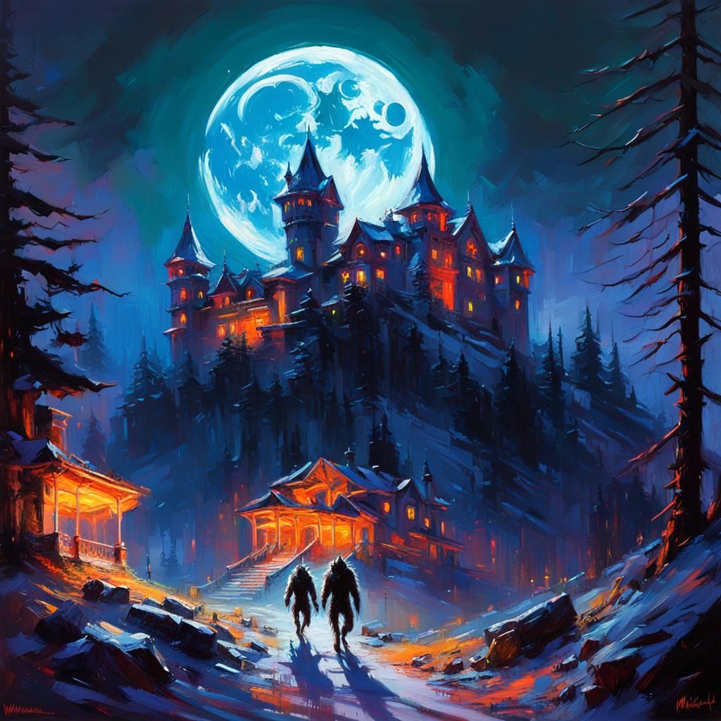 Neon Horror Werewolf at Mountain Castle
