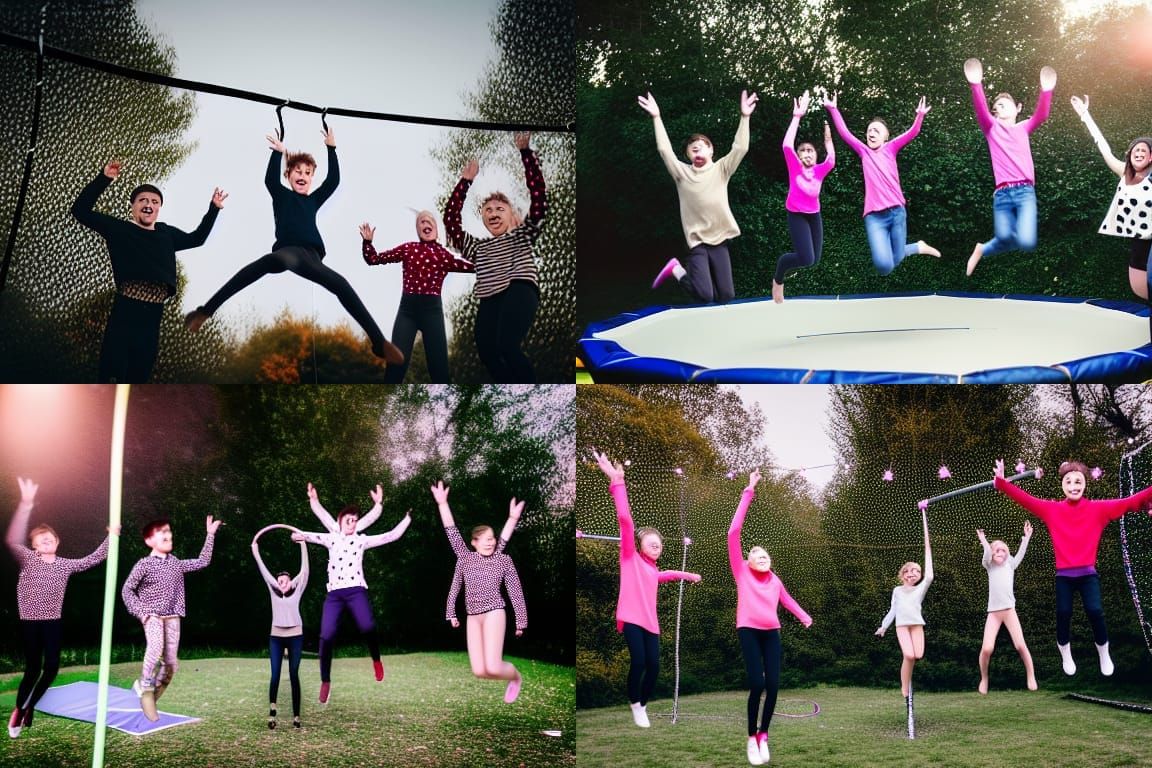 8 people wearing spotty tights and long sleeve shirts jumpin...