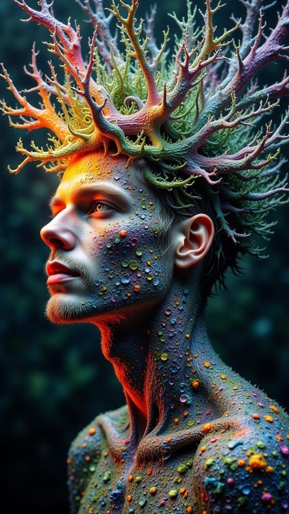 Surreal Bioluminescent Man in Fractal Landscape