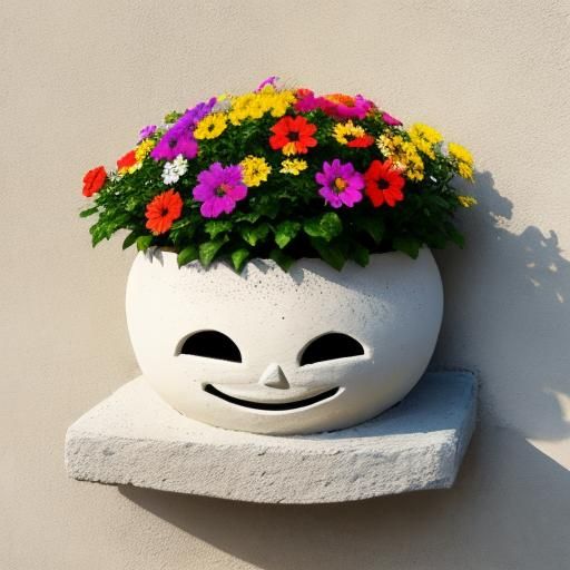 Smiling Clay Pot with Flowers on Stucco Wall