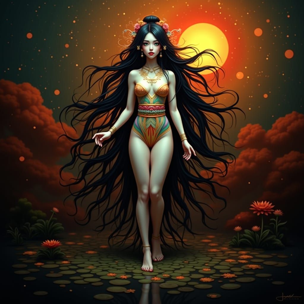 Hyperrealistic Geisha Portrait with Golden Motifs