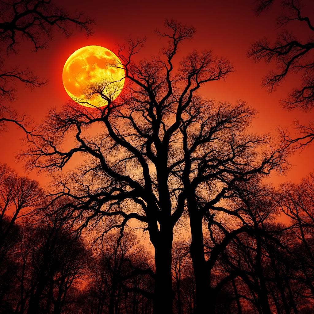 Radiant Harvest Moon over Towering Forest in 3D