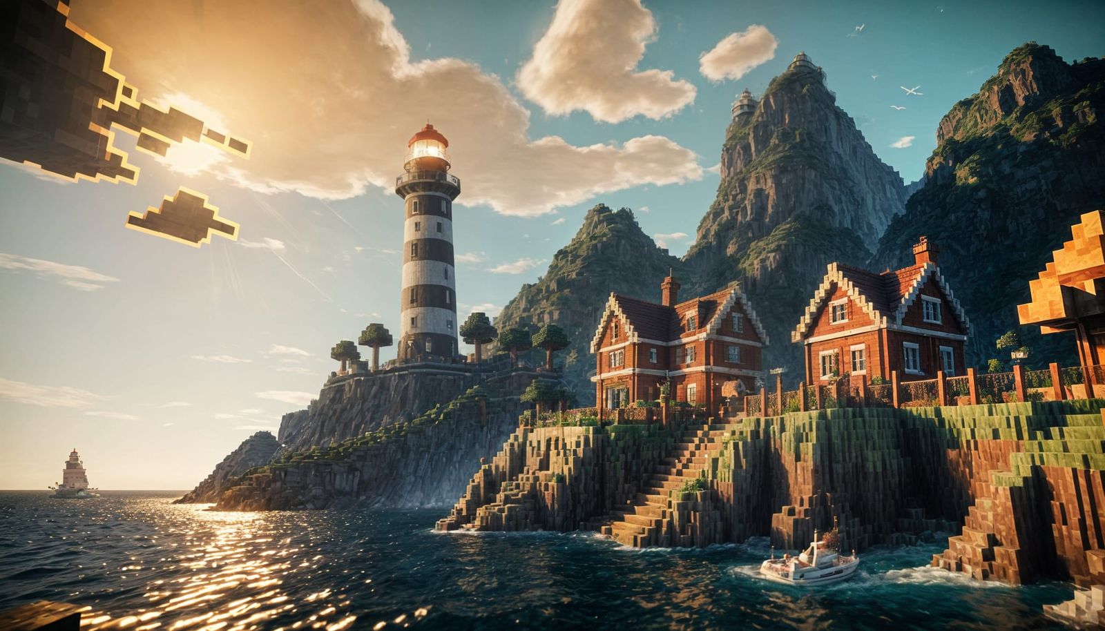 Minecraft Seascape at Night in Neo-Impressionist Style