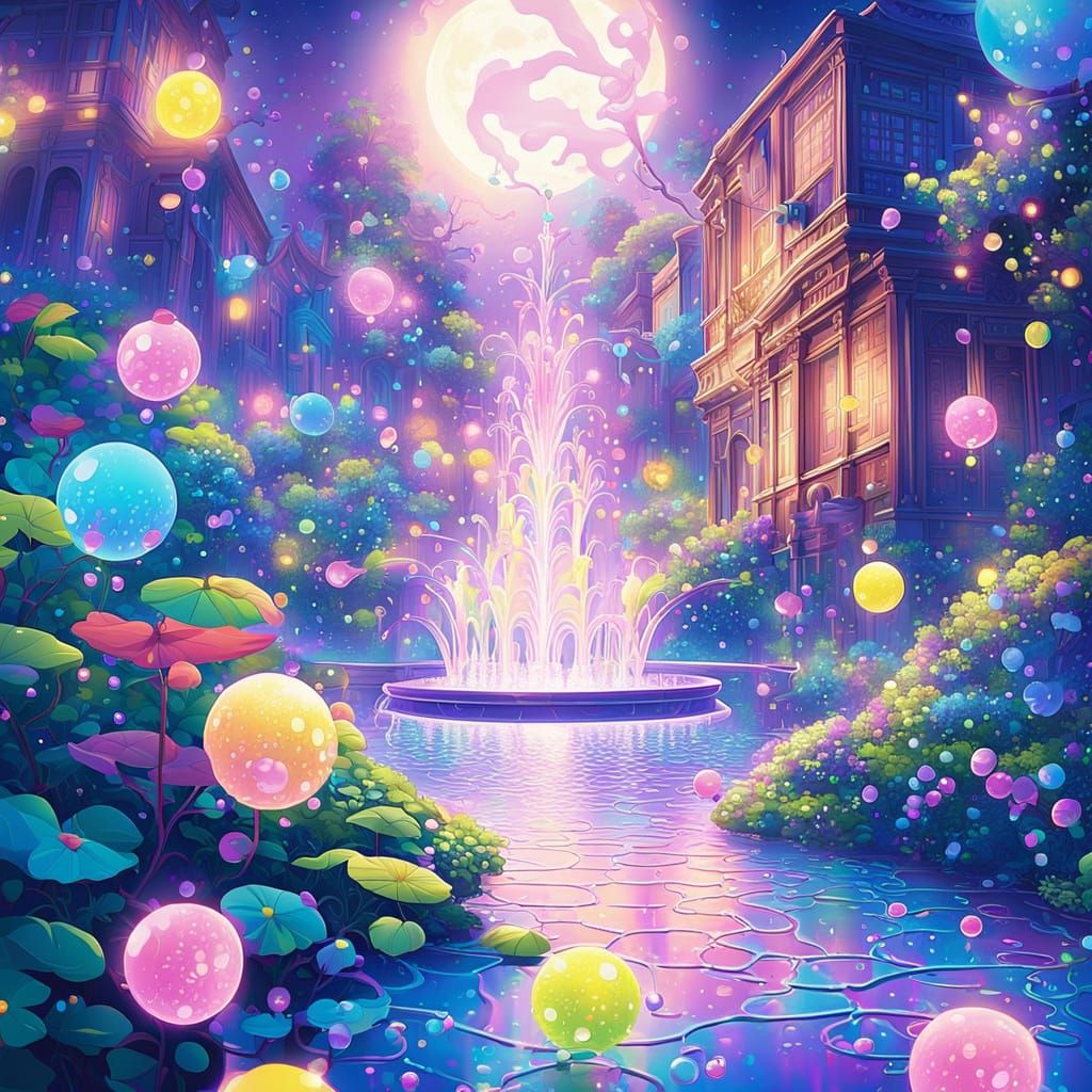 Glowing Fountain in Moonlit Courtyard: Surreal Anime Art