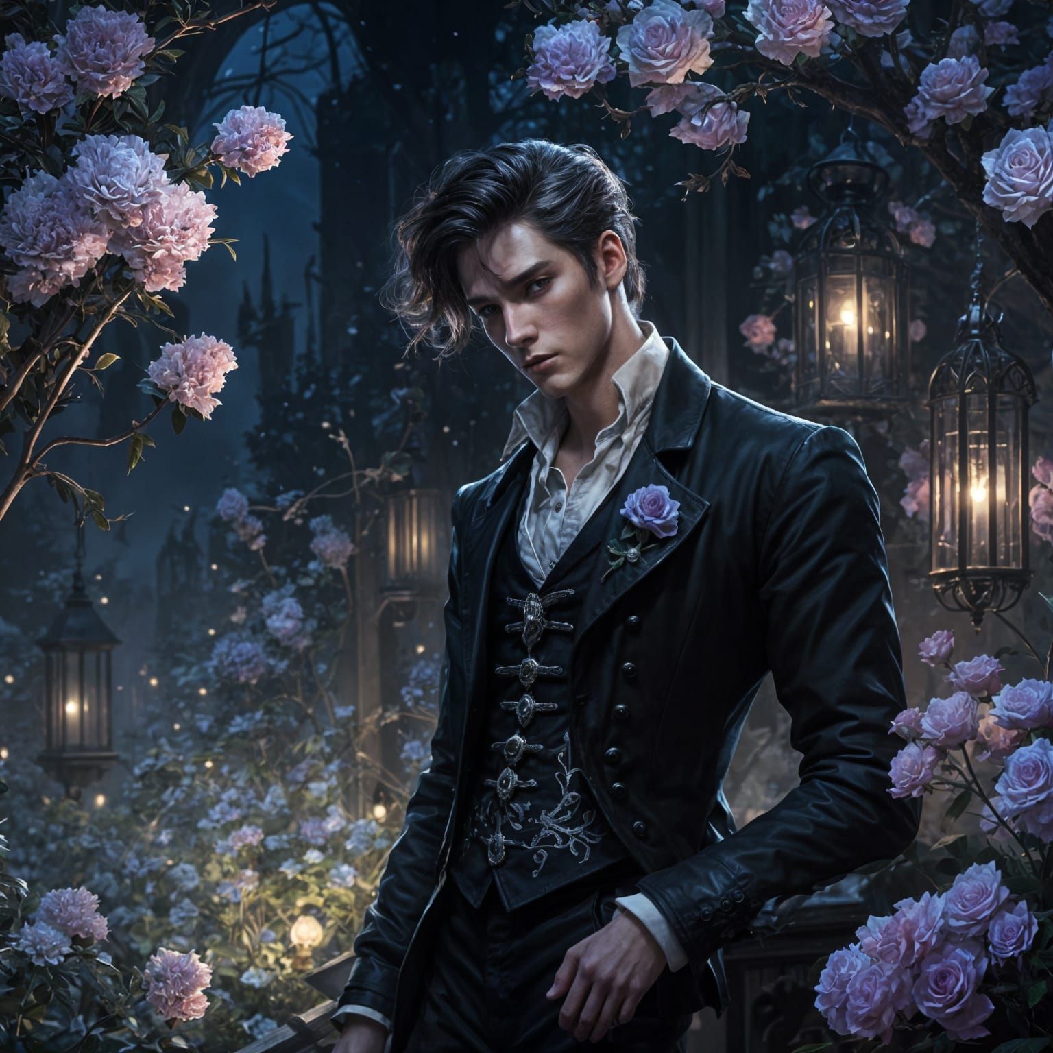 Gothic Fantasy Man in Moonlit Flower Garden