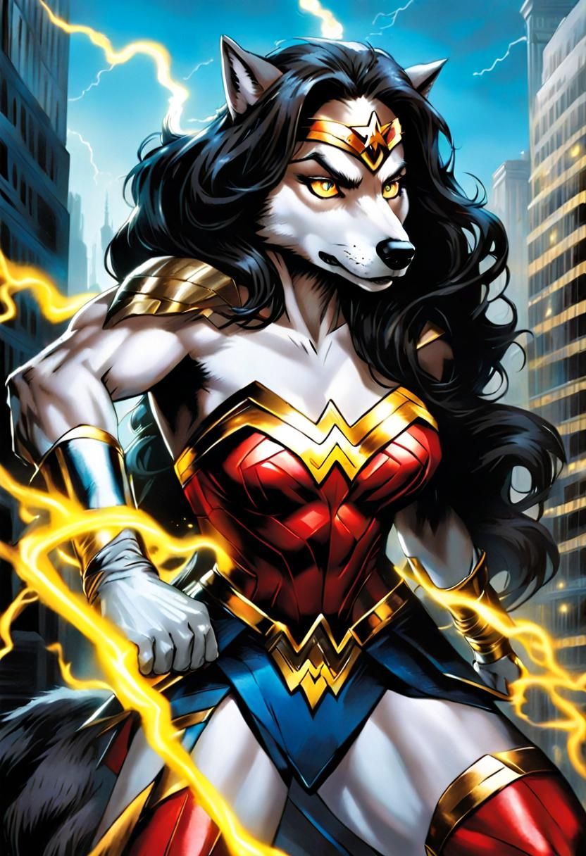 Wonder Woman Wolf Superhero in Comic Art Style