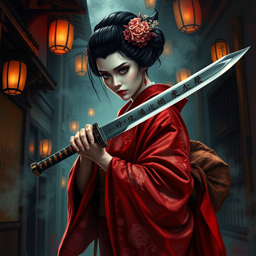 Geisha's Ominous Vengeance in Gothic Fantasy Style