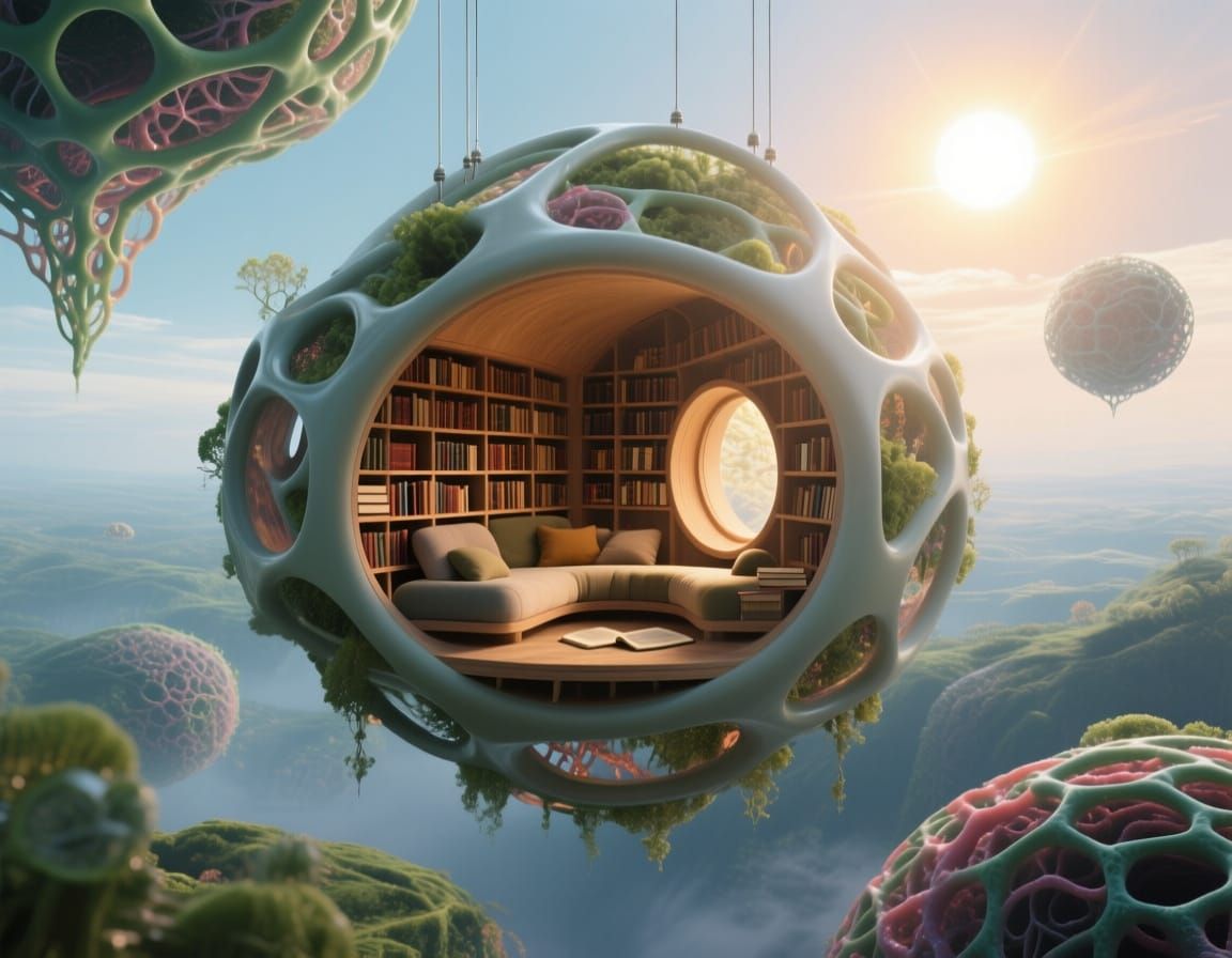 Cosy Floating Cubby in an Eternal Library Under Profoundly L...