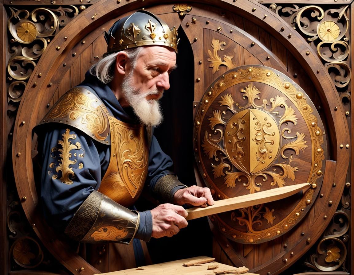 Medieval Carpenter Carving Ornate Shield with Gold
