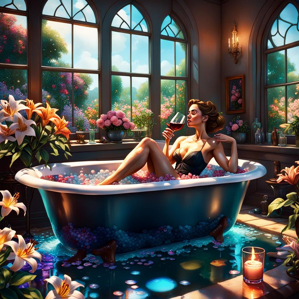 Teacher Relaxing in Bubble Bath with Wine