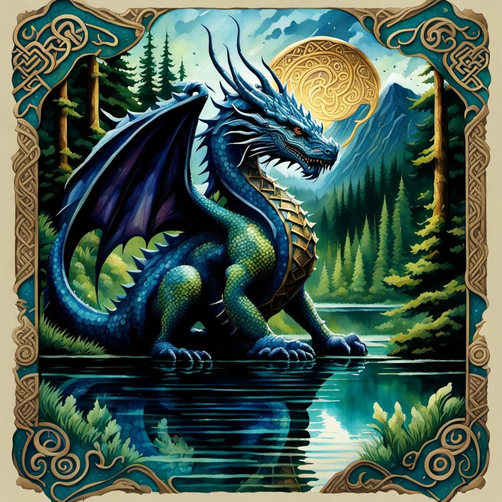Majestic Celtic Water Dragon in Watercolor Style