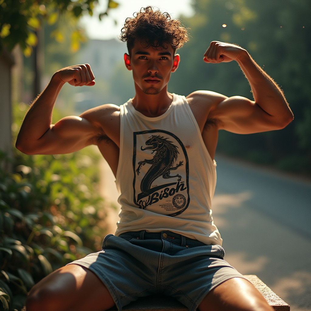 Confident British Lad Flexing Muscles: High-Contrast Film Ph...