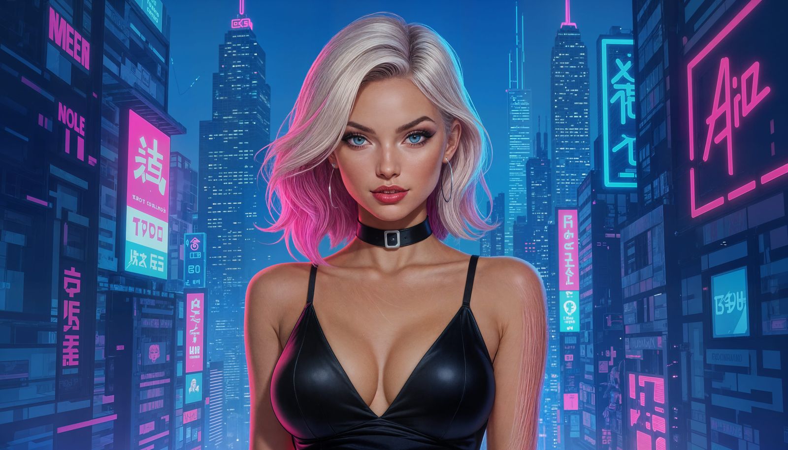 Neon Haired Pin-Up Woman with Bold Expression