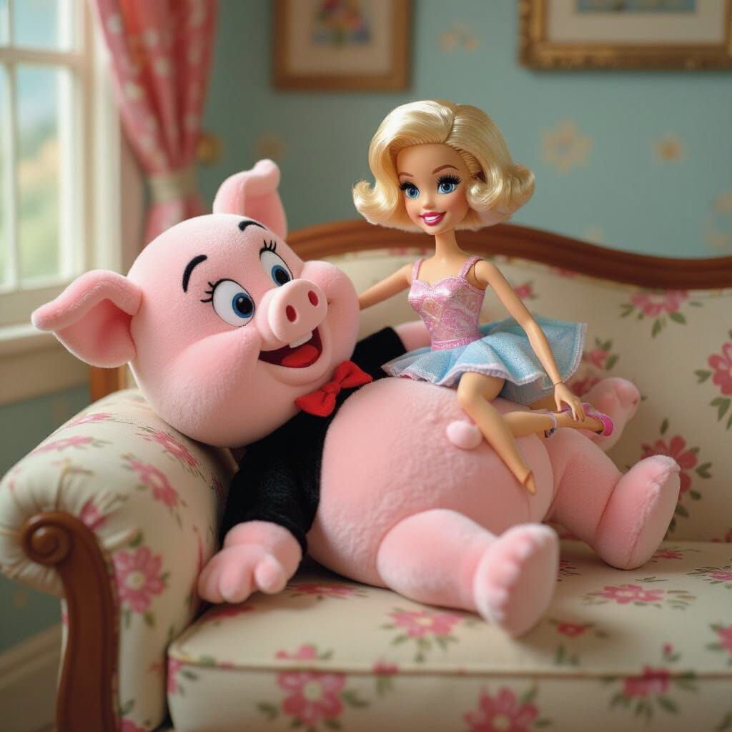 Barbie Rides Porky Pig on Doll Sofa