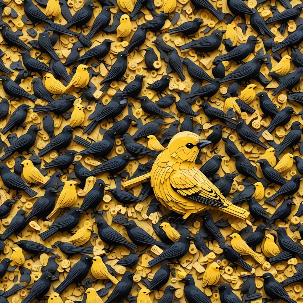 Yellow Bird Surrounded by Black Birds, Hyperrealistic Art