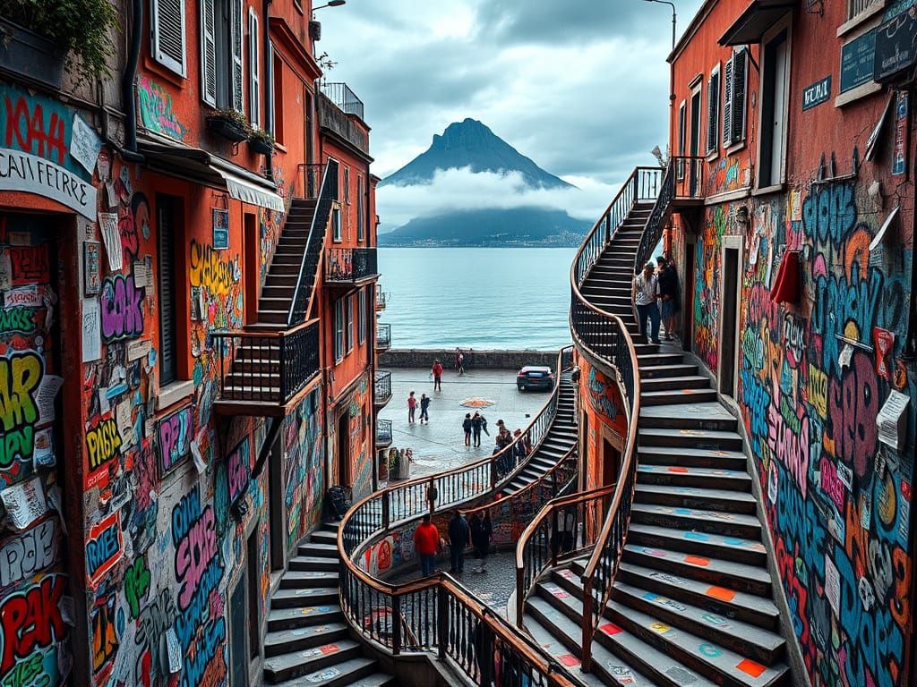 Infinite Stairway in Vibrant Naples Alley