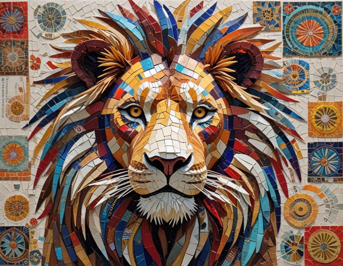 Majestic Lion Mosaic Made from Recycled Materials