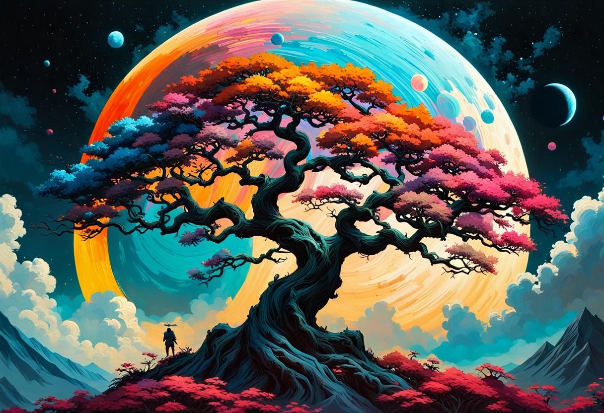 Tree Amidst Luminous Moons: Surrealist Digital Art