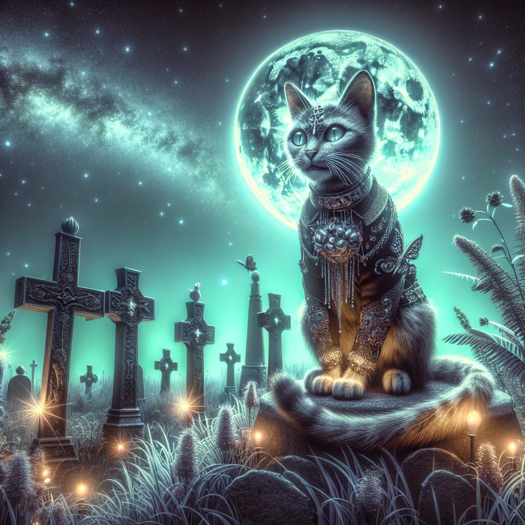 Gothic Cat Fairy Under Full Moon in Hyperrealism