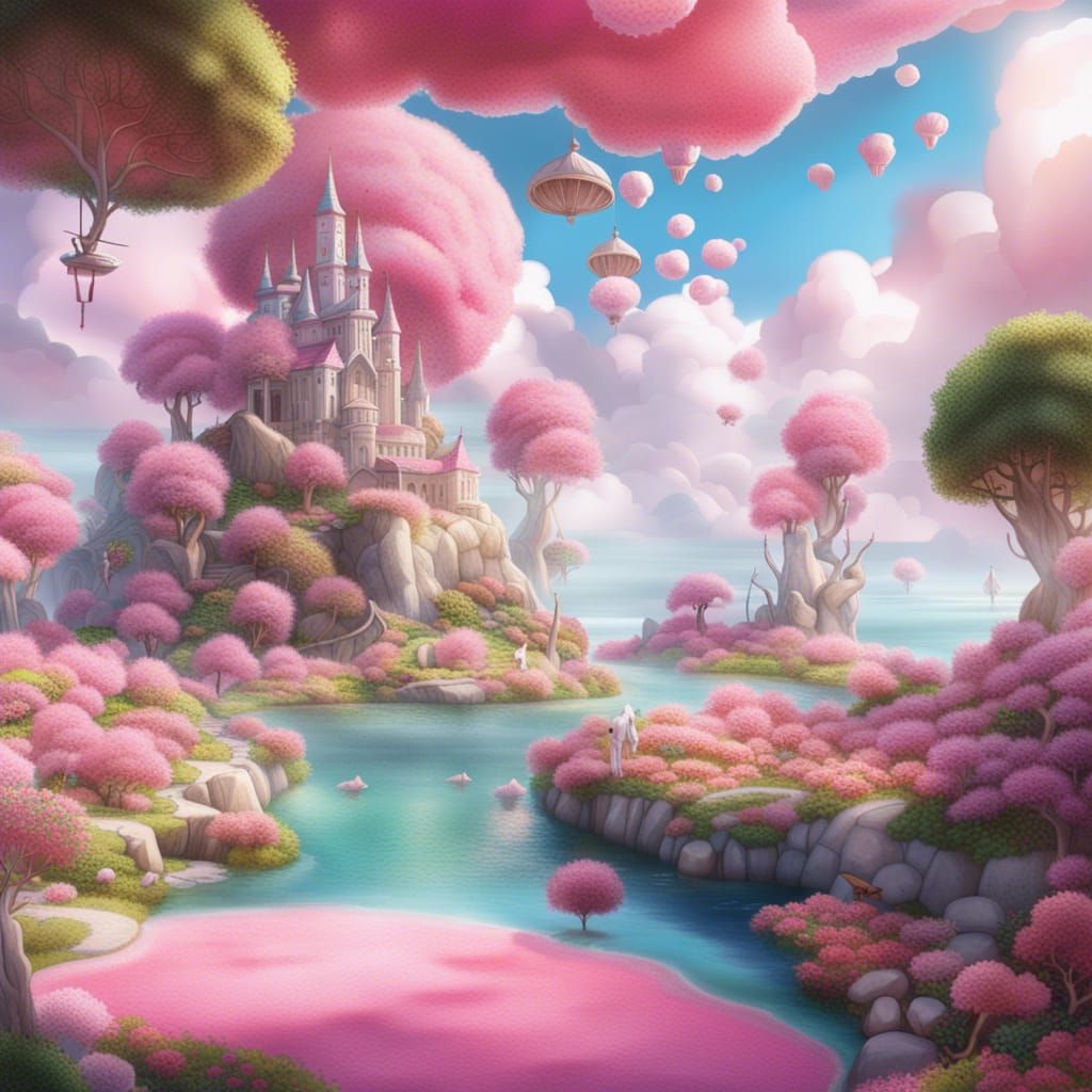 Fantastical Island Floating in Cotton Candy Clouds