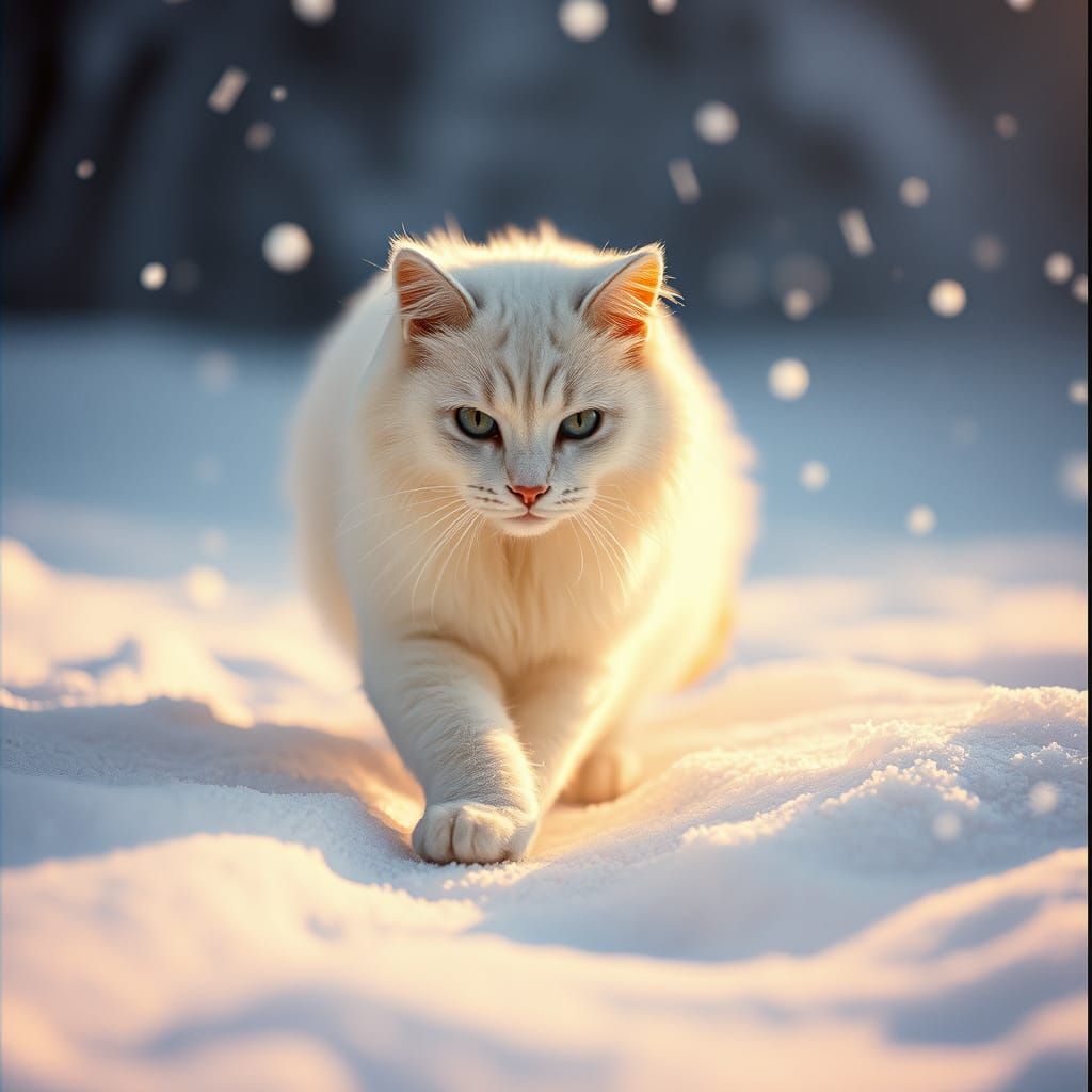Cinematic White Cat Frolicking in Winter Snow