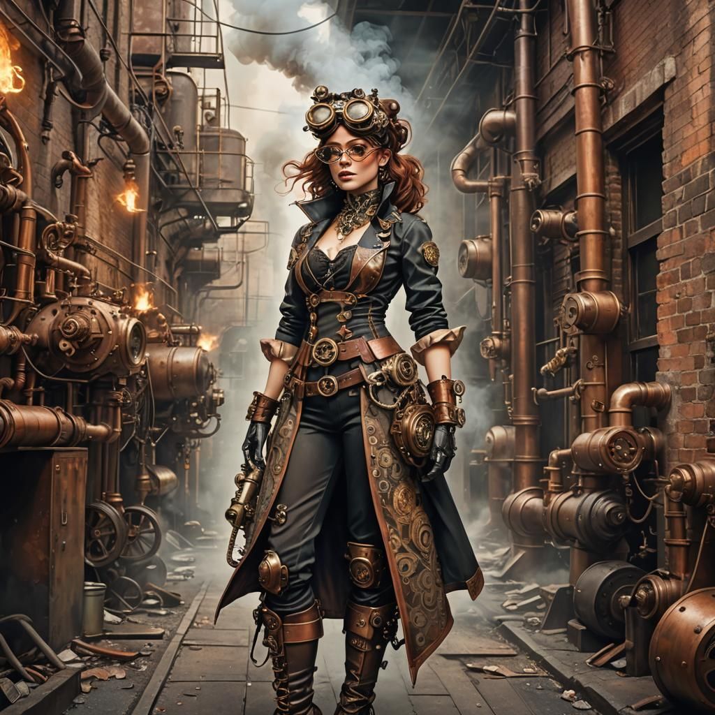 Steampunk Character in Industrial Alleyway