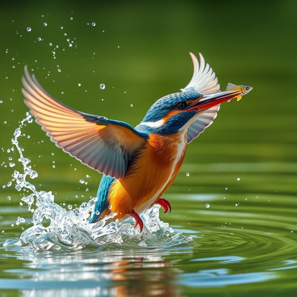 Colorful Kingfisher Emerges from Lake with Prey