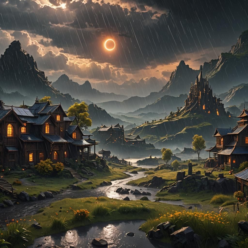 Rainy Landscape During Solar Eclipse