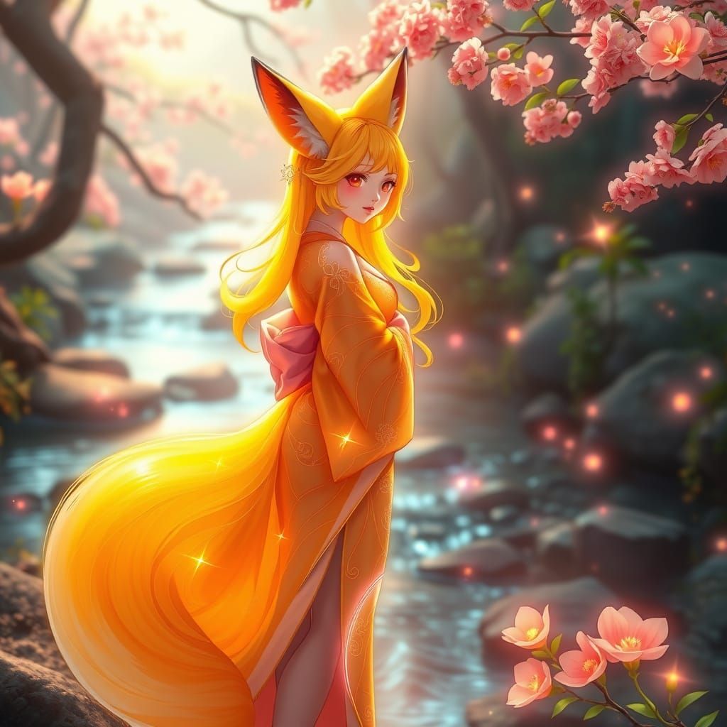 Anime Fox Lady in Bioluminescent Forest