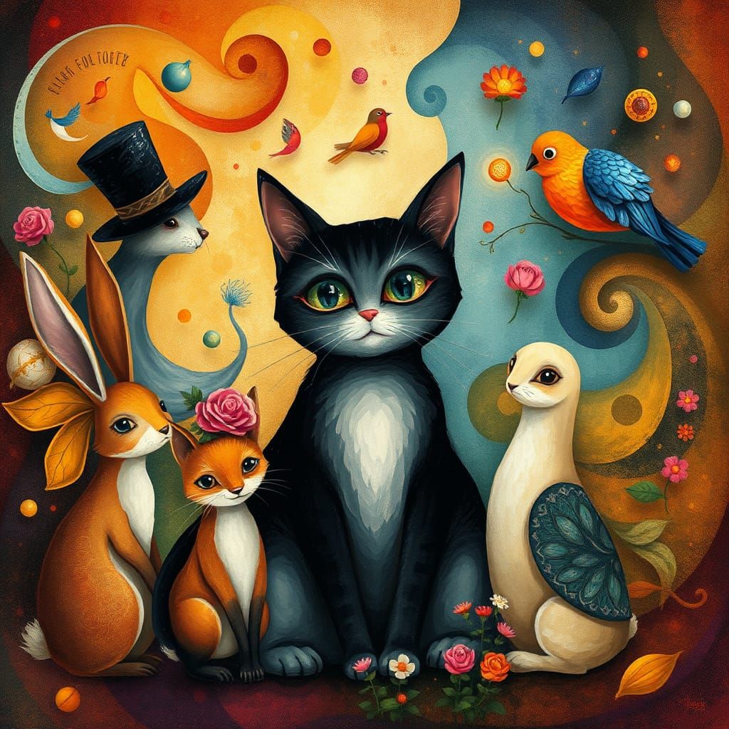 Whimsical Cat and Friends in Folk-Art Style