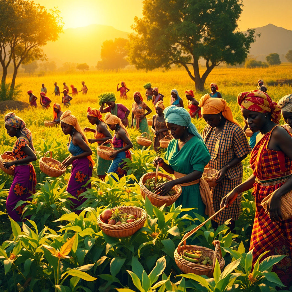 African Women Harvest Crops in Impressionistic Style
