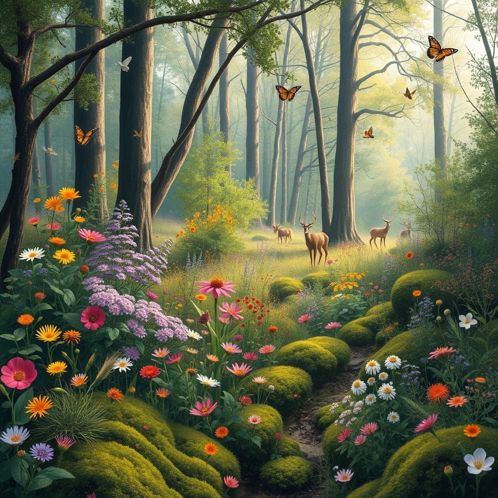 Vibrant Forest Celebration in Whimsical Botanical Style