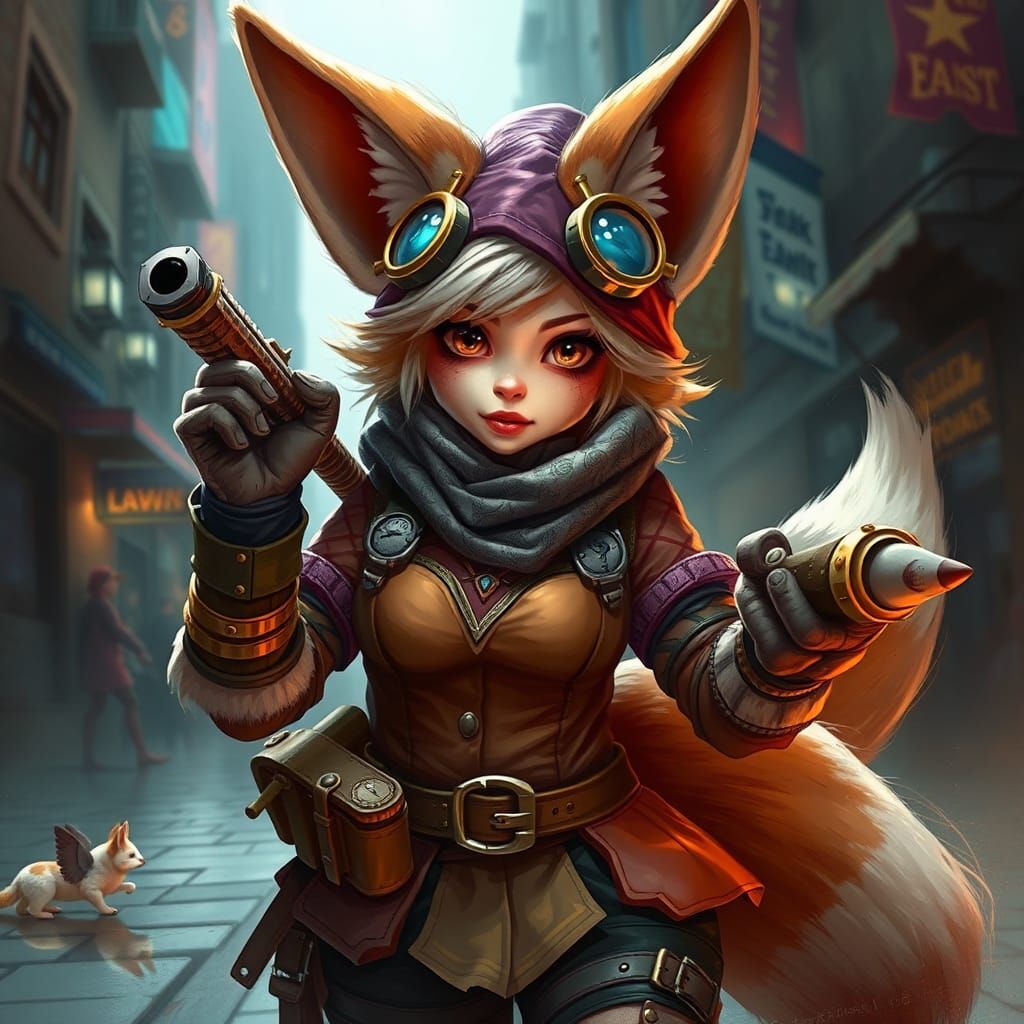 Steampunk Gnome-Fox in Urban Action Scene
