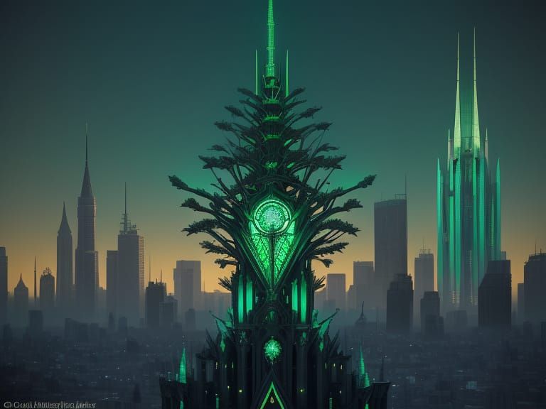 Majestic Emerald Chimera on Gothic Spire, Guiding Light in a...