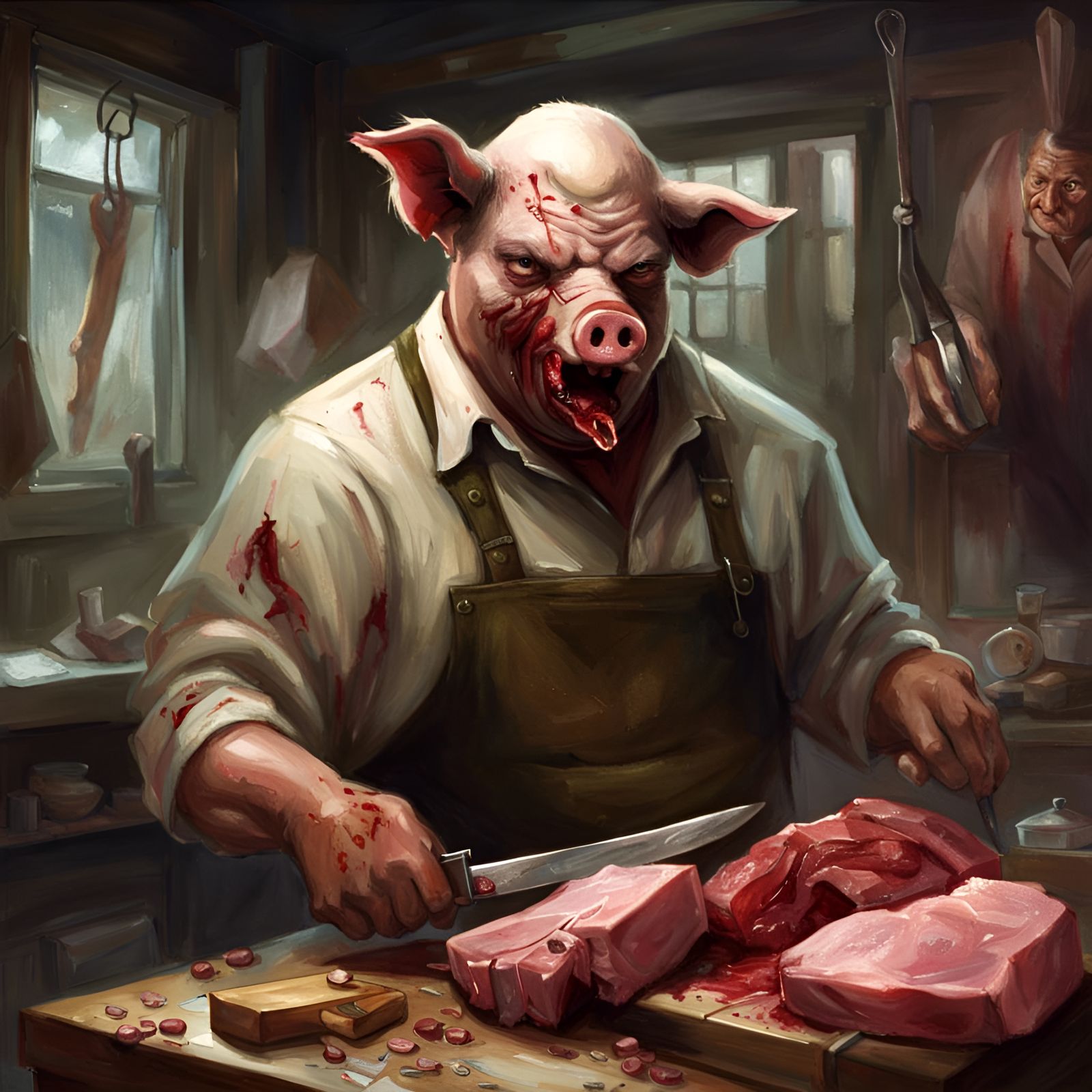 Pig-Headed Zombie Butcher Cutting Meat